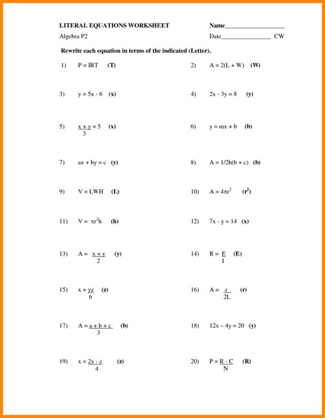 9th grade literal equations worksheet answers